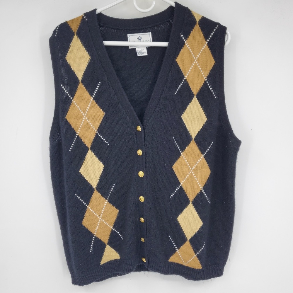 Chandler Hill Men Argyle‎ V Neck Button Front Vest Sweater L Preppy Gold Button